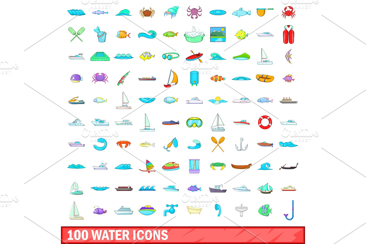 100 water icons set, cartoon style in Illustrations - product preview 8