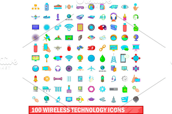 100 wireless technology icons set