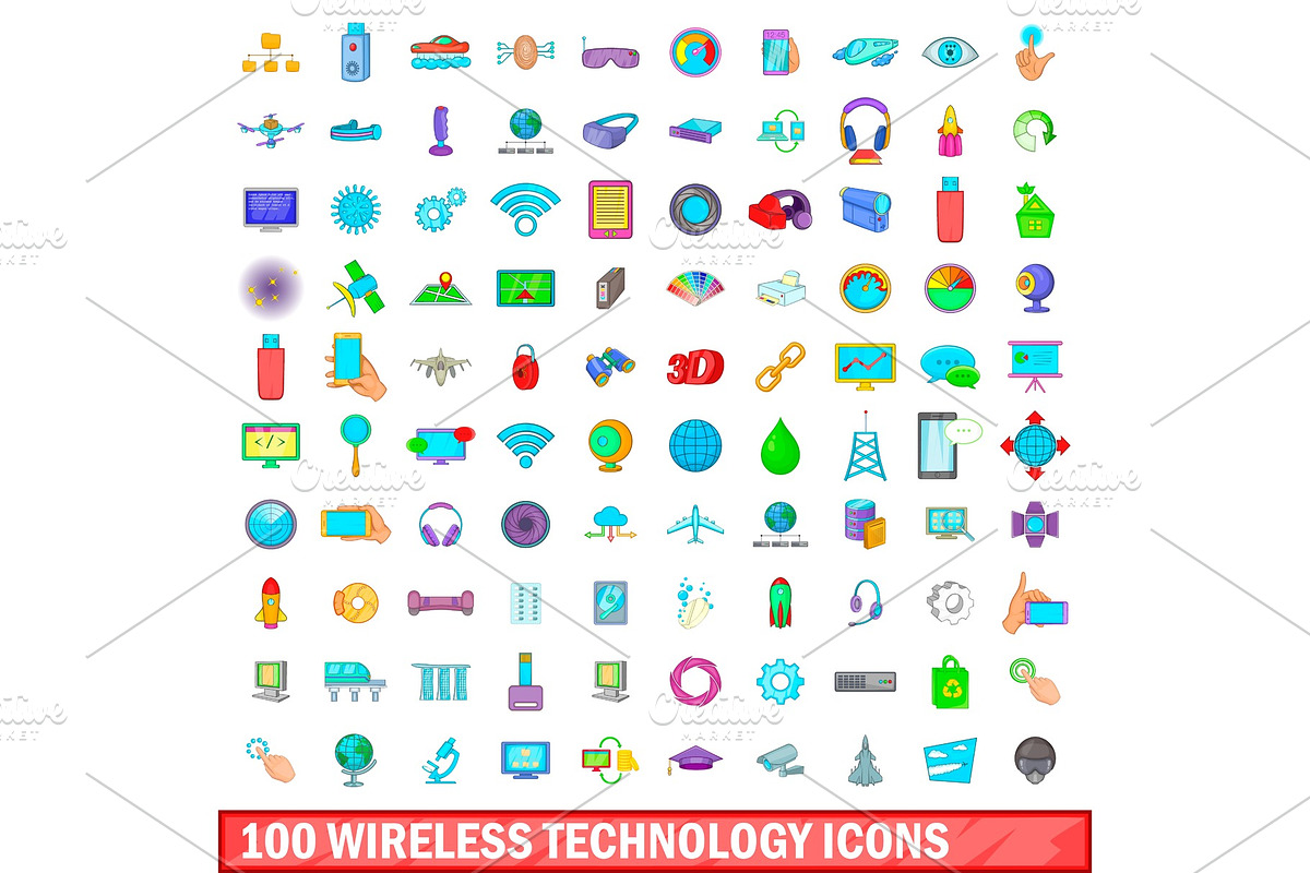 100 wireless technology icons set in Illustrations - product preview 8