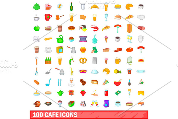 100 cafe icons set, cartoon style