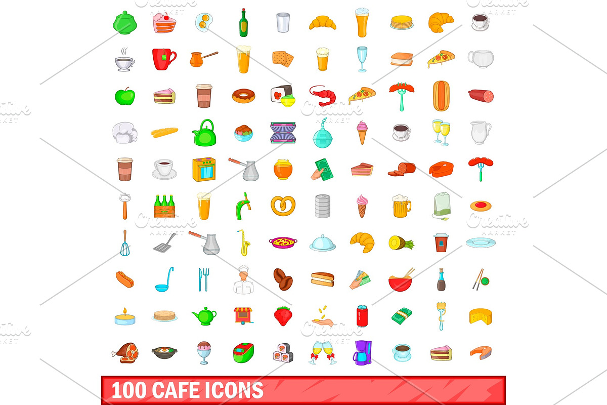100 cafe icons set, cartoon style in Illustrations - product preview 8