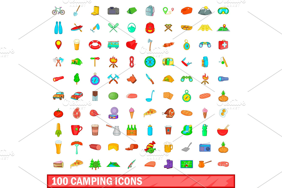 100 camping icons set, cartoon style in Objects - product preview 8