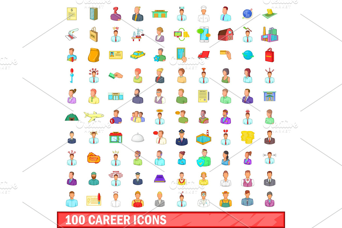 100 career icons set, cartoon style in Illustrations - product preview 8