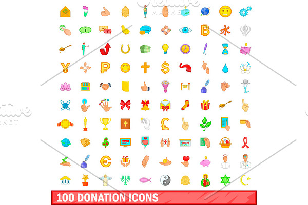 100 donation icons set, cartoon