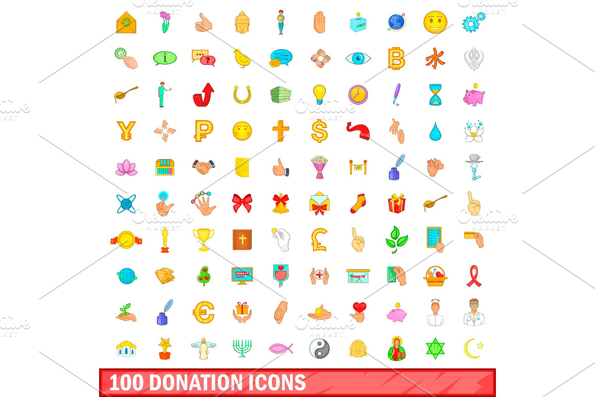 100 donation icons set, cartoon in Objects - product preview 8