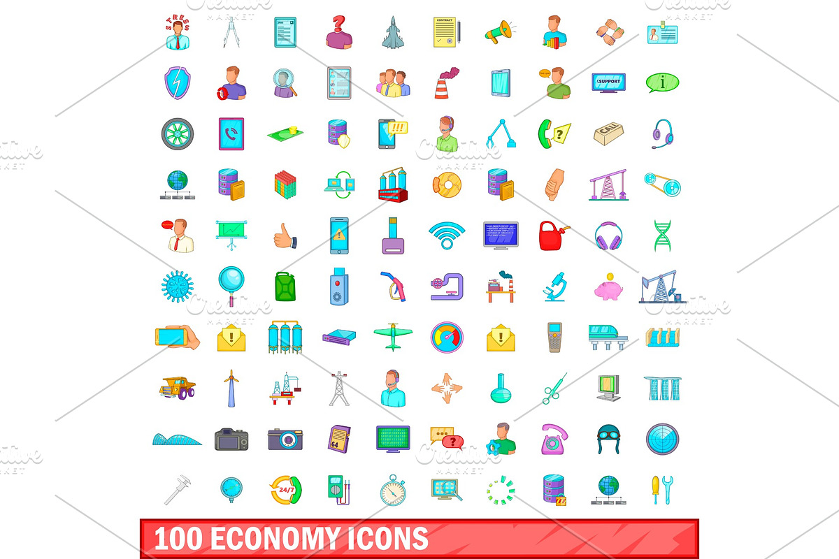 100 economy icons set, cartoon style in Illustrations - product preview 8