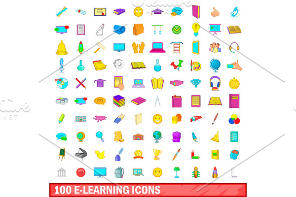 100 e-learning icons set, cartoon