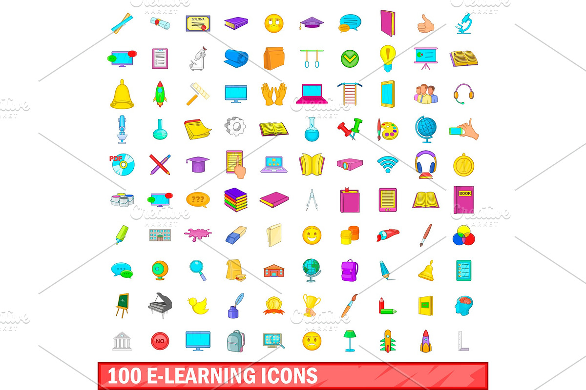 100 e-learning icons set, cartoon in Illustrations - product preview 8