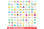 100 e-learning icons set, cartoon