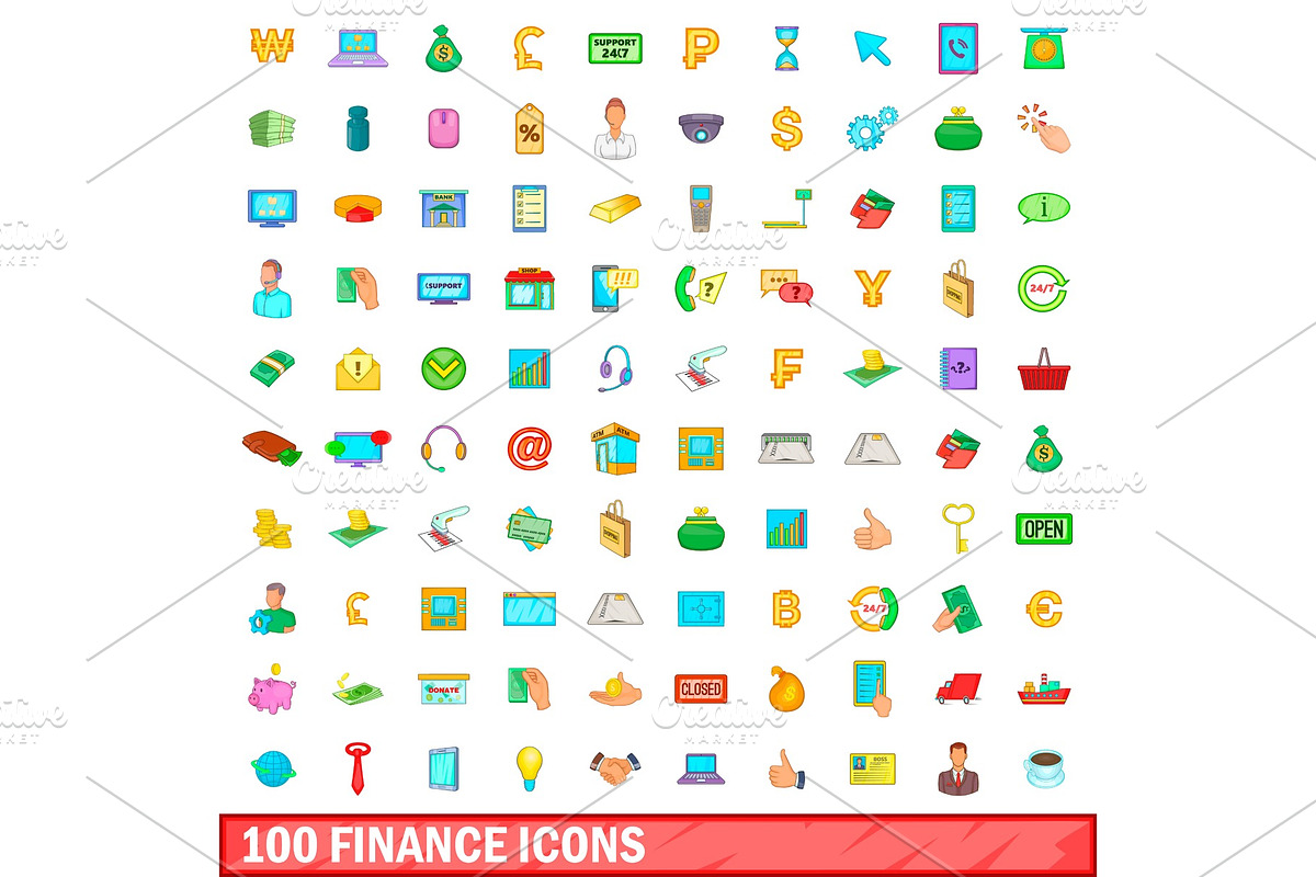 100 finance icons set, cartoon style in Illustrations - product preview 8
