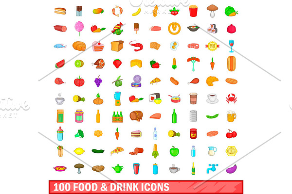 100 food and drink icons set