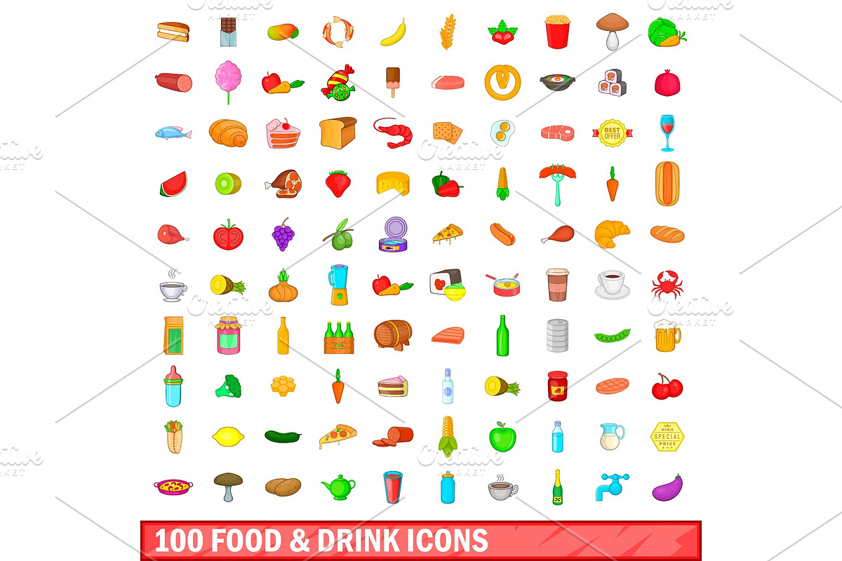100 food and drink icons set in Illustrations - product preview 8