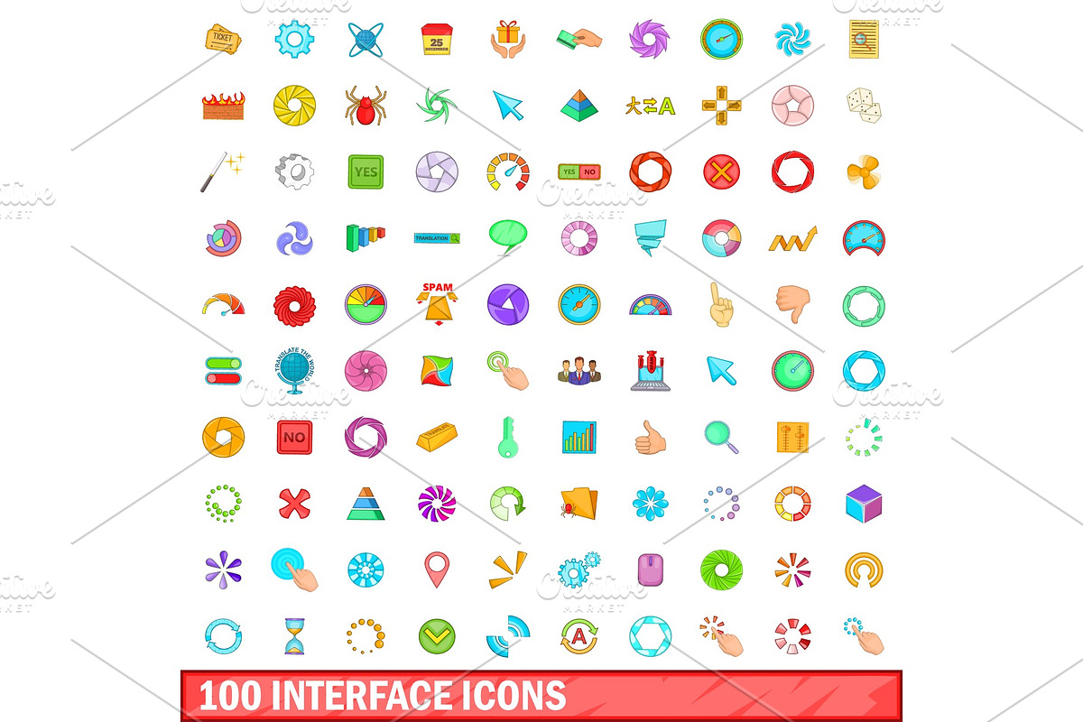 100 interface icons set, cartoon in Objects - product preview 8