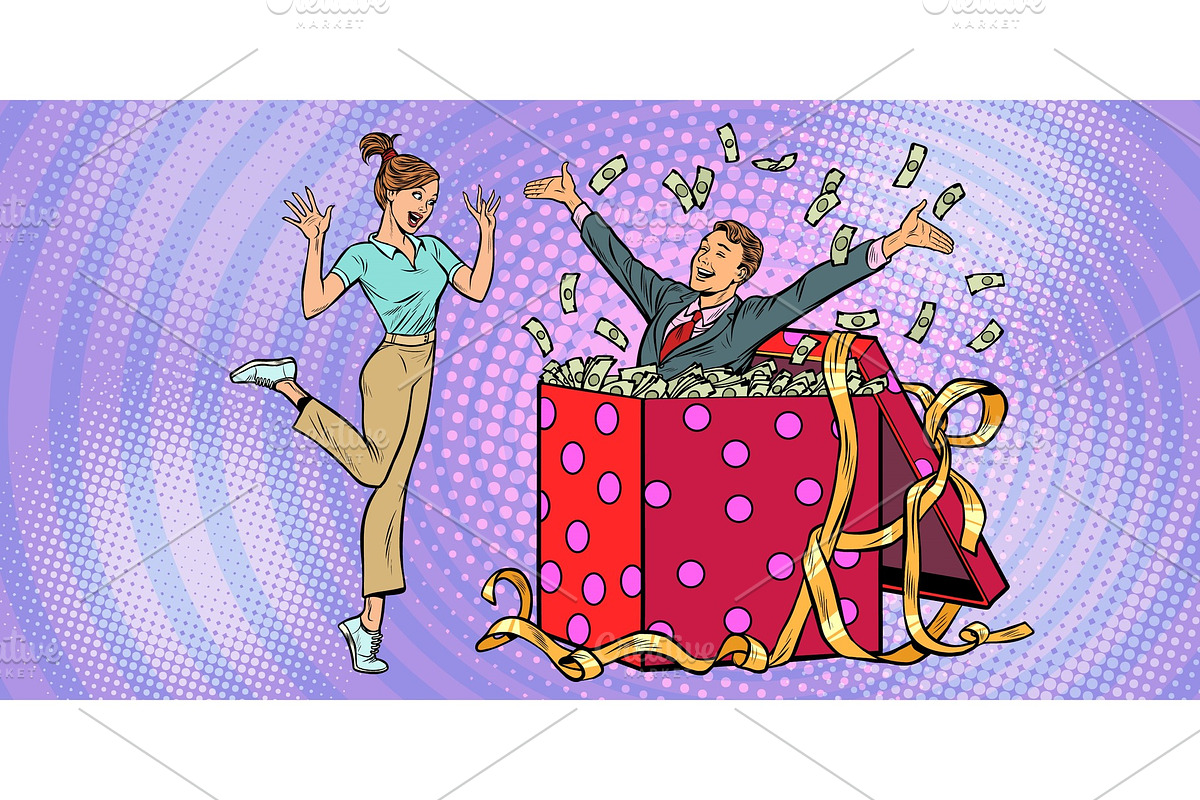 woman happy surprise. man with money in Illustrations - product preview 8
