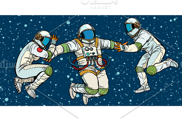 three astronauts in space in zero