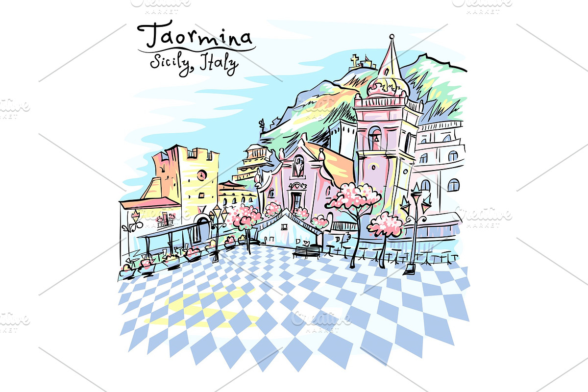 Piazza IX Aprile in Taormina, Sicily in Illustrations - product preview 8
