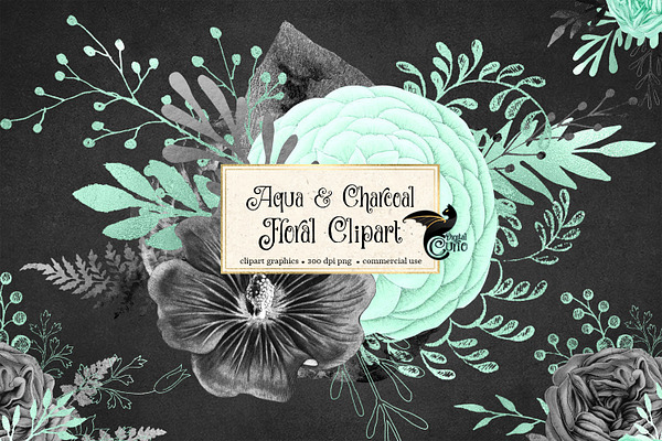 Aqua and Charcoal Floral Clipart