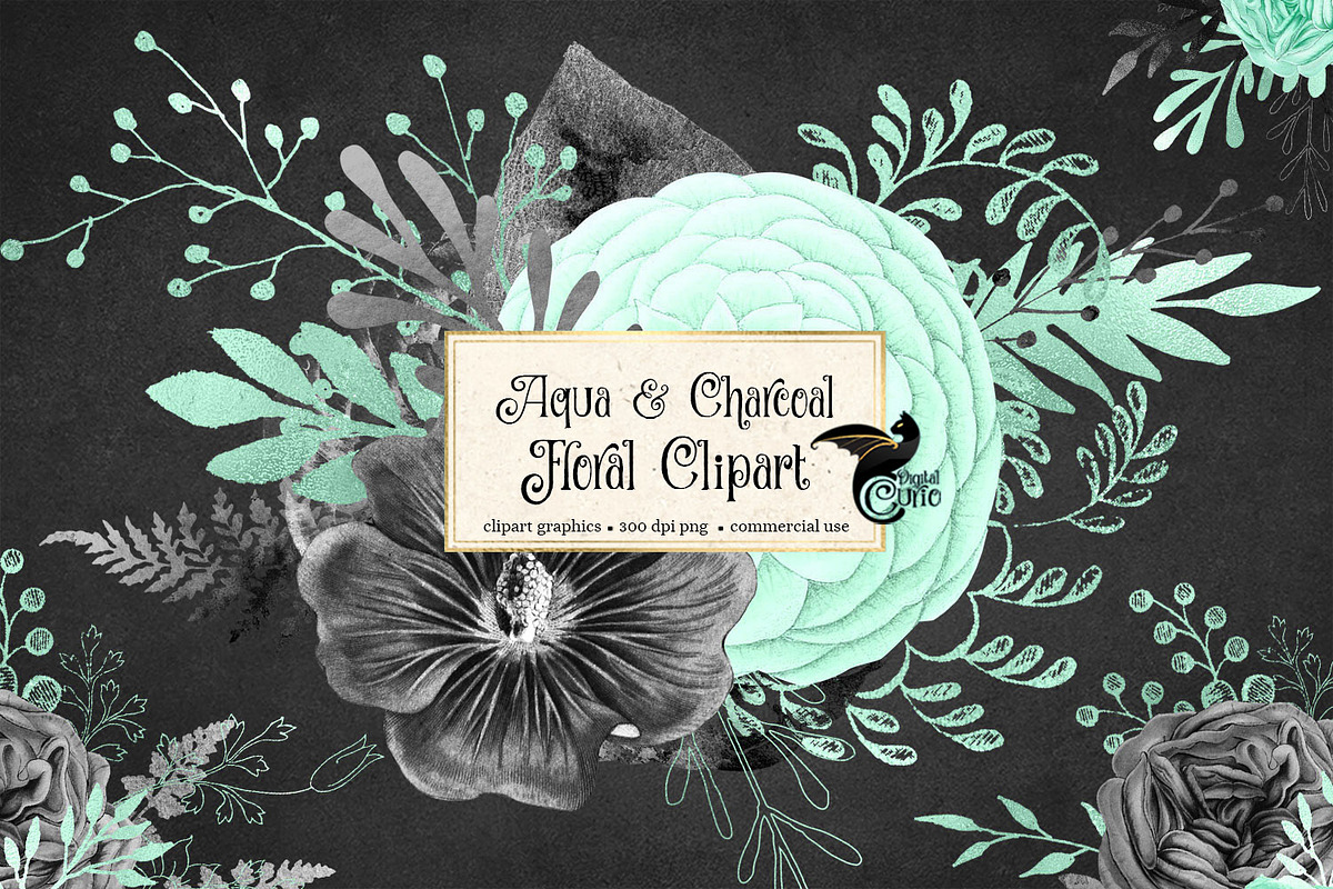 Aqua and Charcoal Floral Clipart in Illustrations - product preview 8