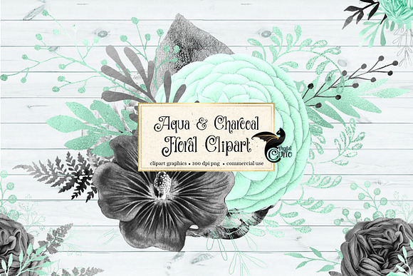 Aqua and Charcoal Floral Clipart in Illustrations - product preview 1