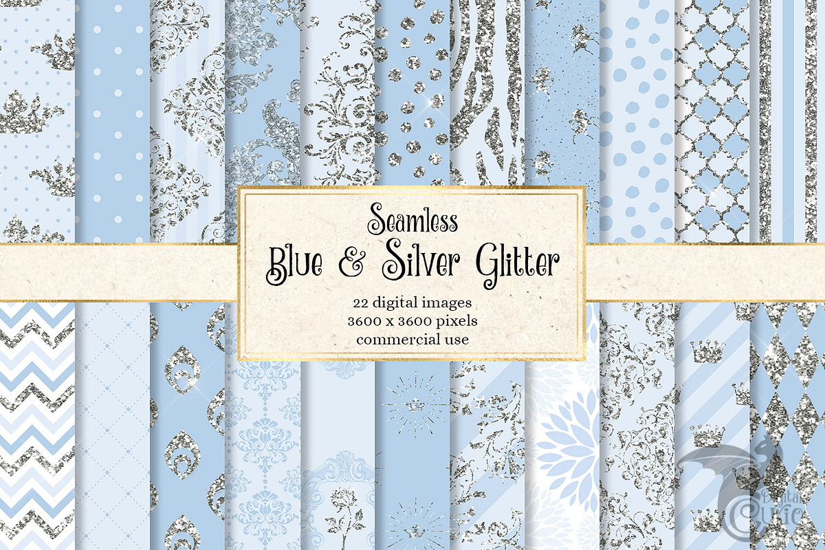 Blue & Silver Glitter Digital Paper in Patterns - product preview 8