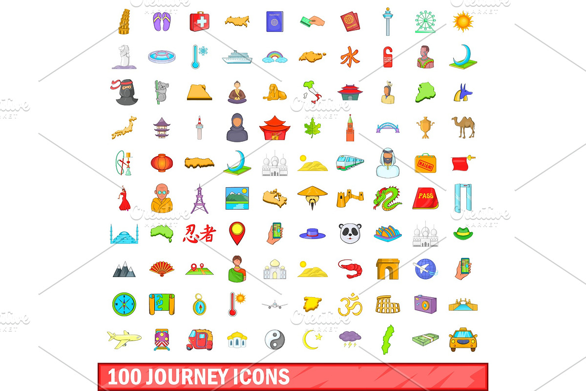 100 journey icons set, cartoon style in Illustrations - product preview 8