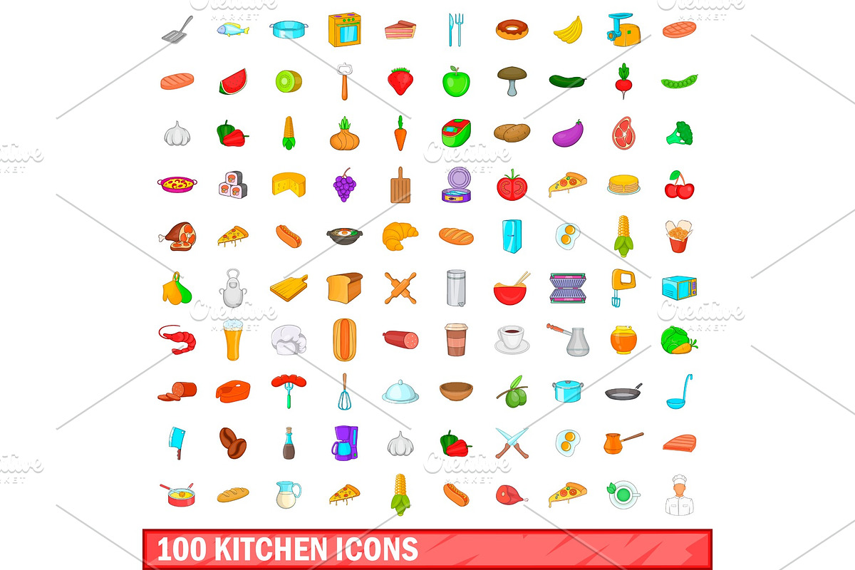 100 kitchen icons set, cartoon style in Illustrations - product preview 8