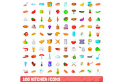 100 kitchen icons set, cartoon style