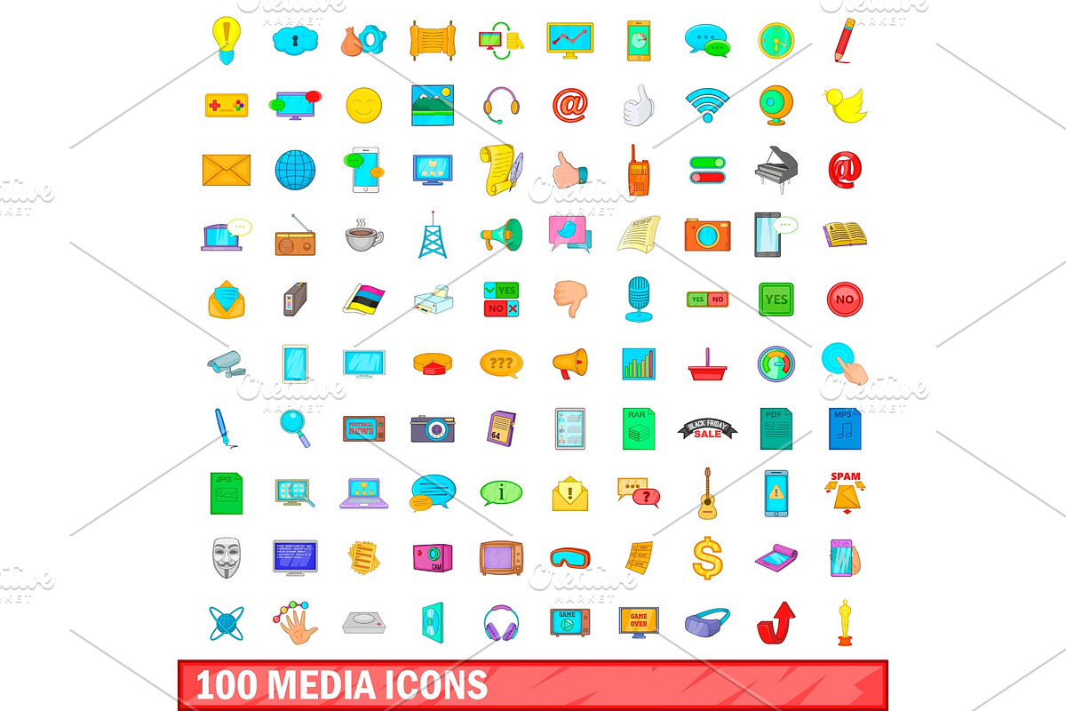 100 media icons set, cartoon style in Illustrations - product preview 8