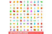 100 packaging icons set, cartoon