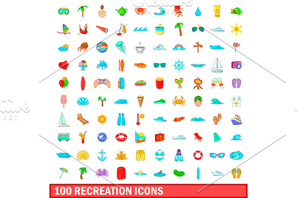 100 recreation icons set, cartoon