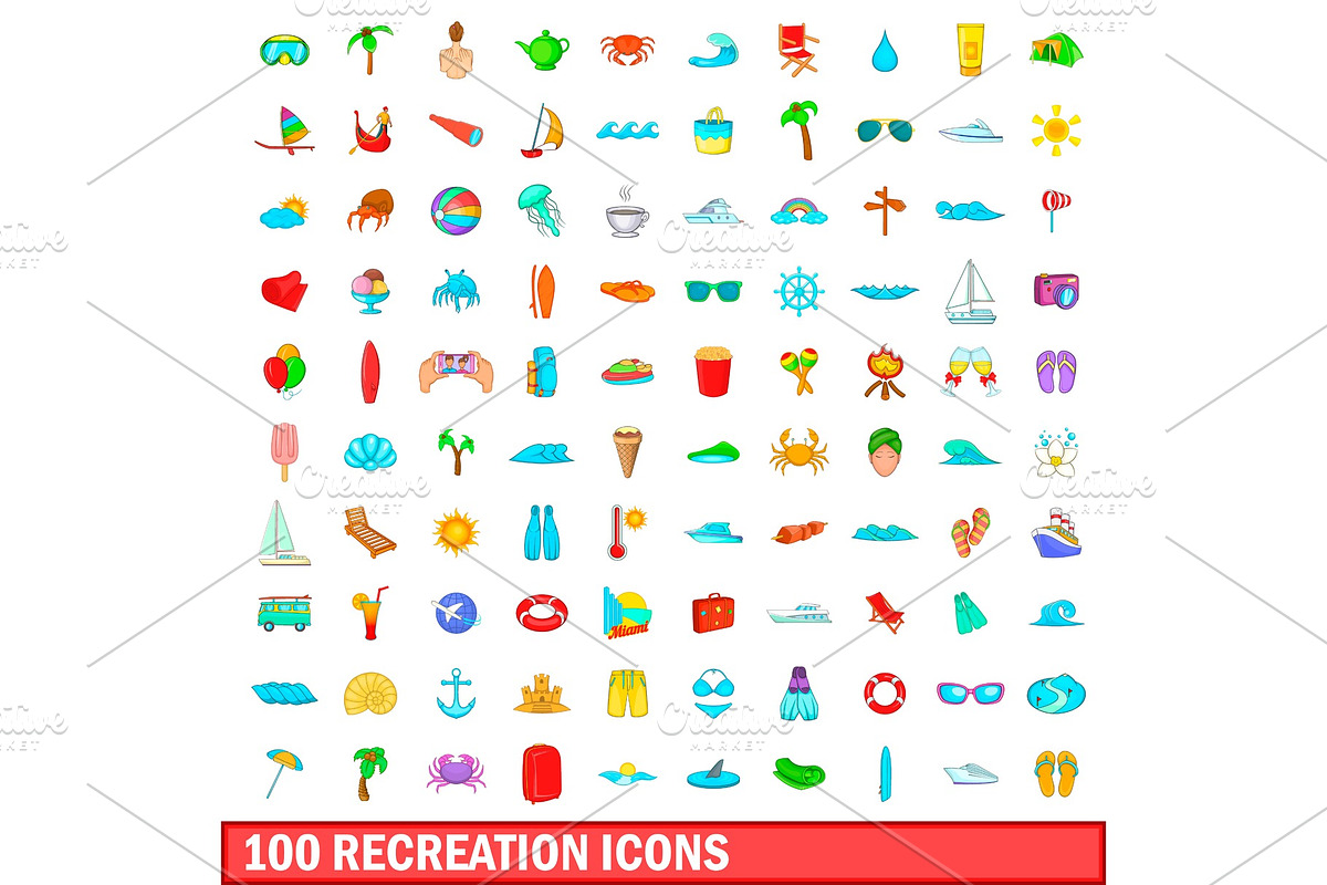 100 recreation icons set, cartoon in Illustrations - product preview 8