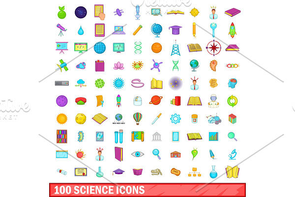 100 science icons set, cartoon style