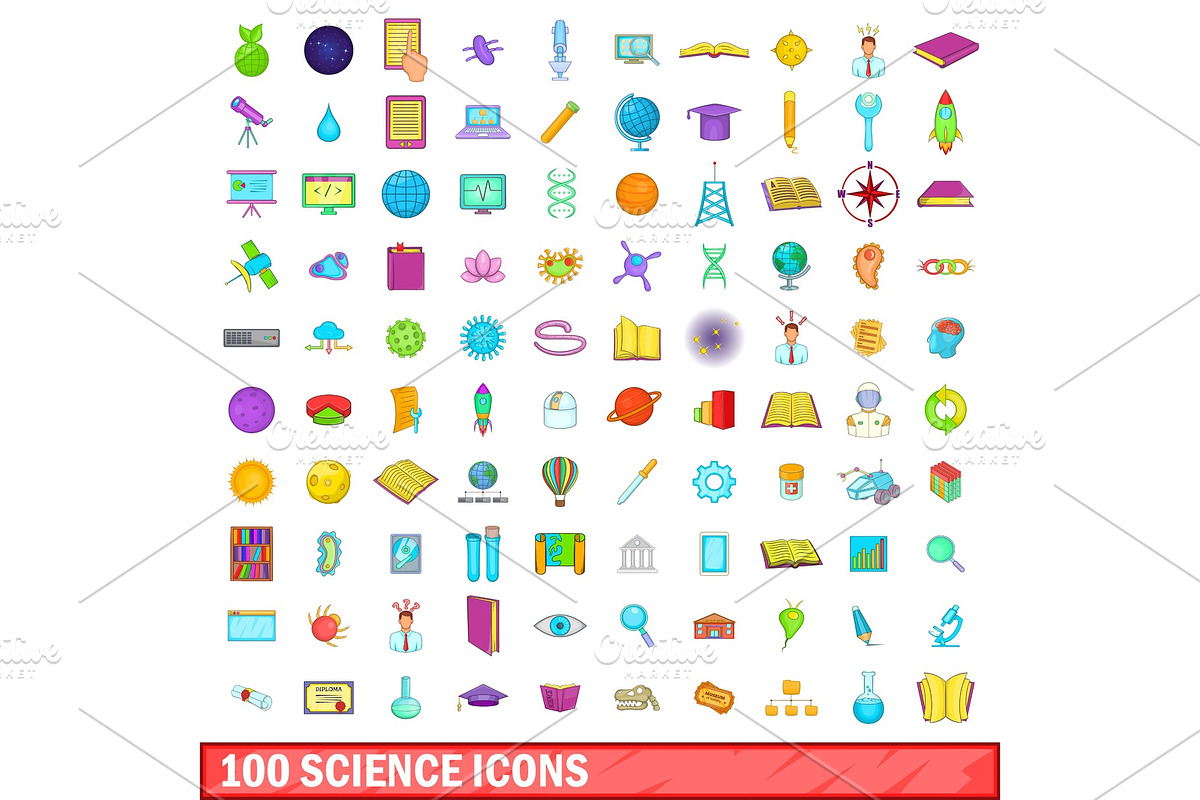 100 science icons set, cartoon style in Illustrations - product preview 8