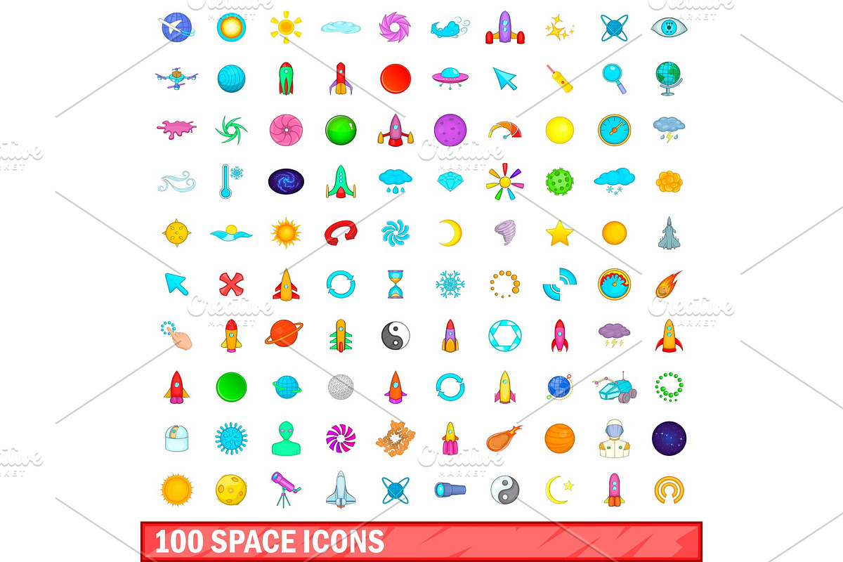 100 space icons set, cartoon style in Illustrations - product preview 8