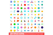 100 space icons set, cartoon style