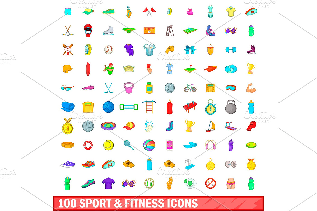 100 sport and fitness icons set in Illustrations - product preview 8