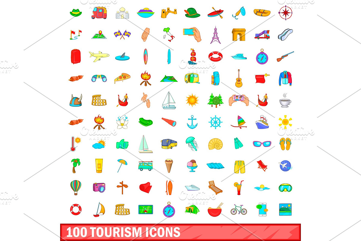 100 tourism icons set, cartoon style in Objects - product preview 8