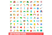 100 tourism icons set, cartoon style