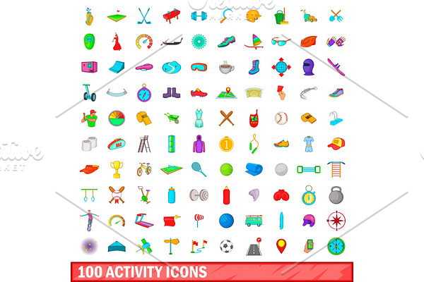 100 activity icons set, cartoon