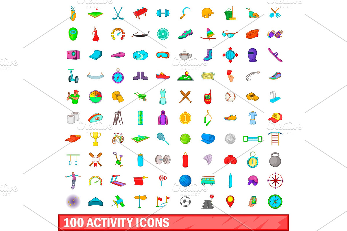 100 activity icons set, cartoon in Illustrations - product preview 8