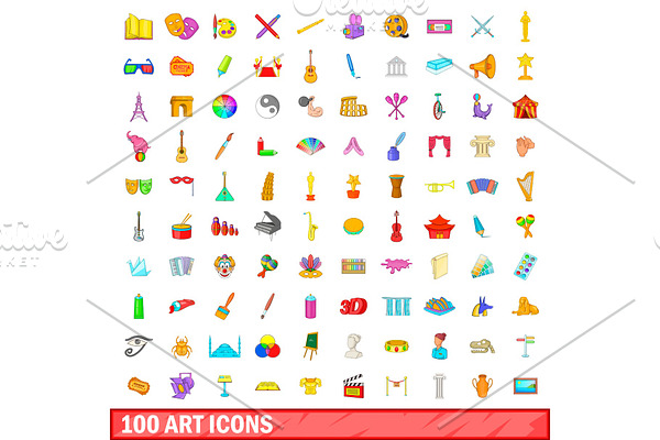 100 art icons set, cartoon style