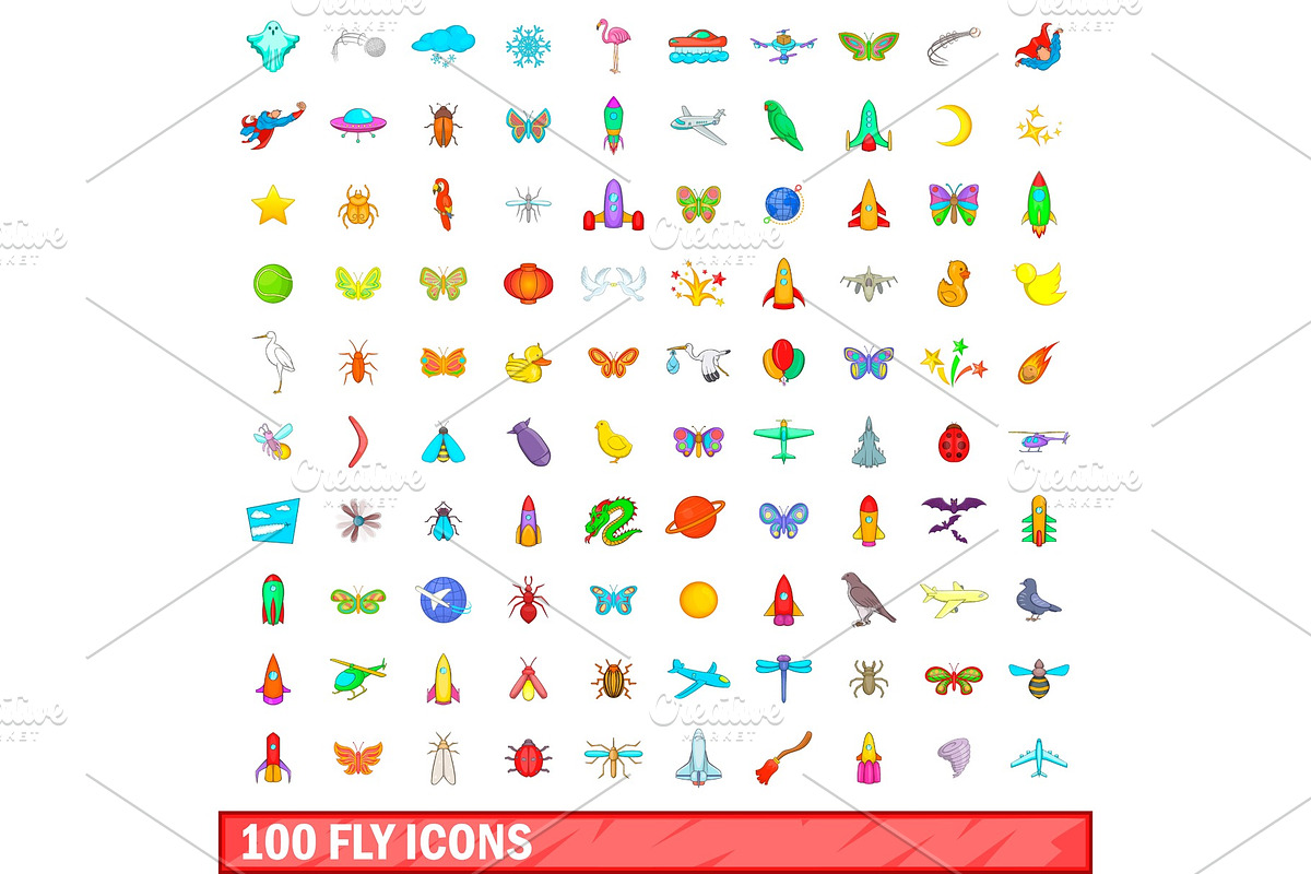 100 fly icons set, cartoon style in Illustrations - product preview 8