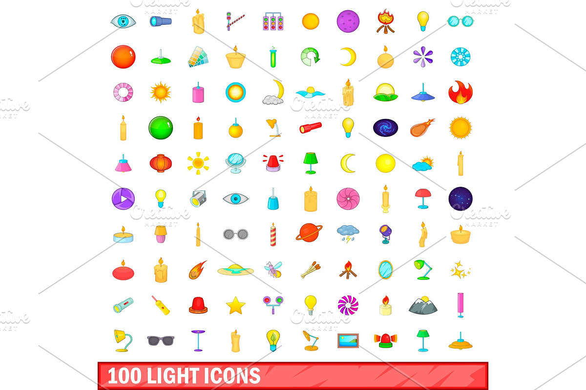 100 light icons set, cartoon style in Illustrations - product preview 8