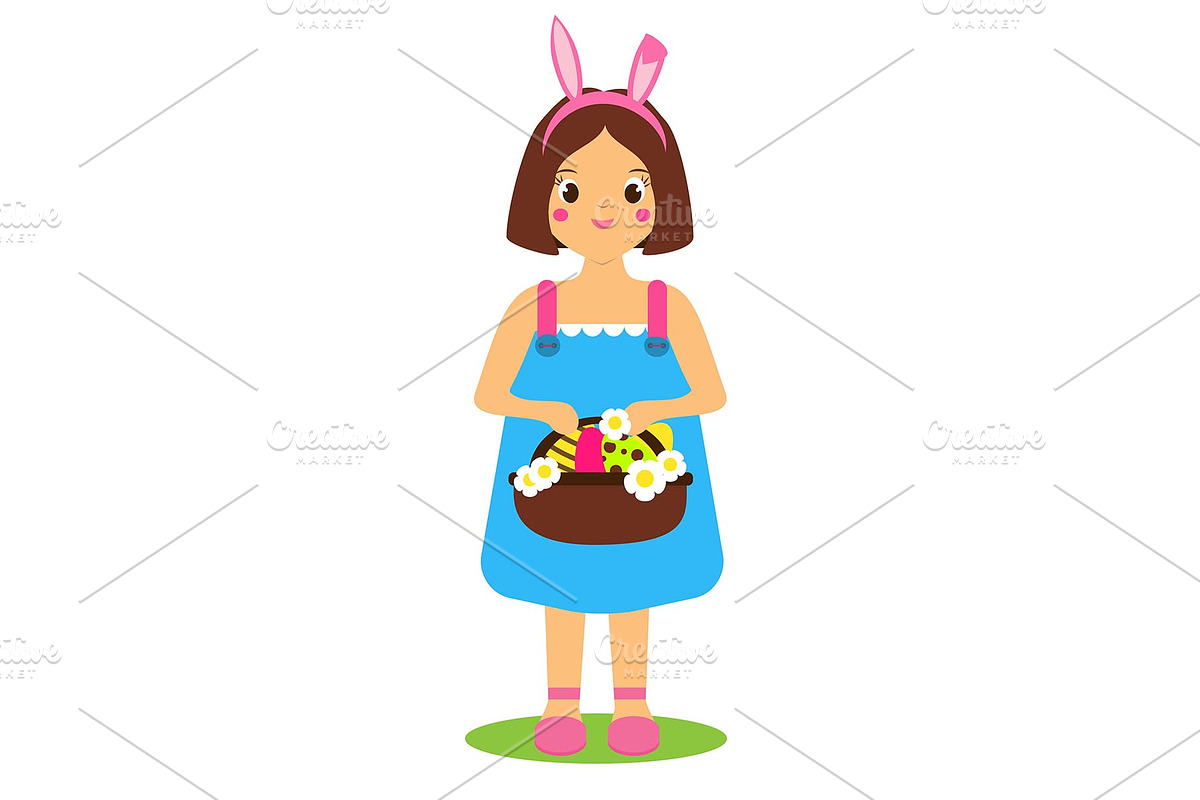 Cartoon girl holding Easter basket in Graphics - product preview 8