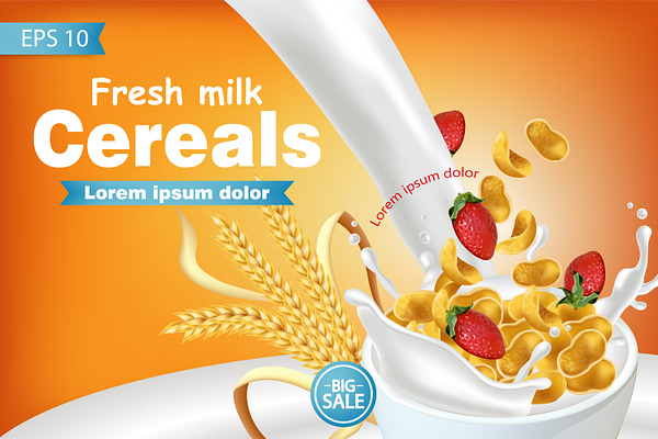Cornflakes cereals with milk mockup
