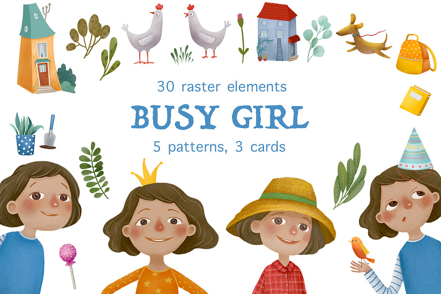 Busy girl - Raster illustrations set