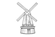 Old windmill sketch engraving