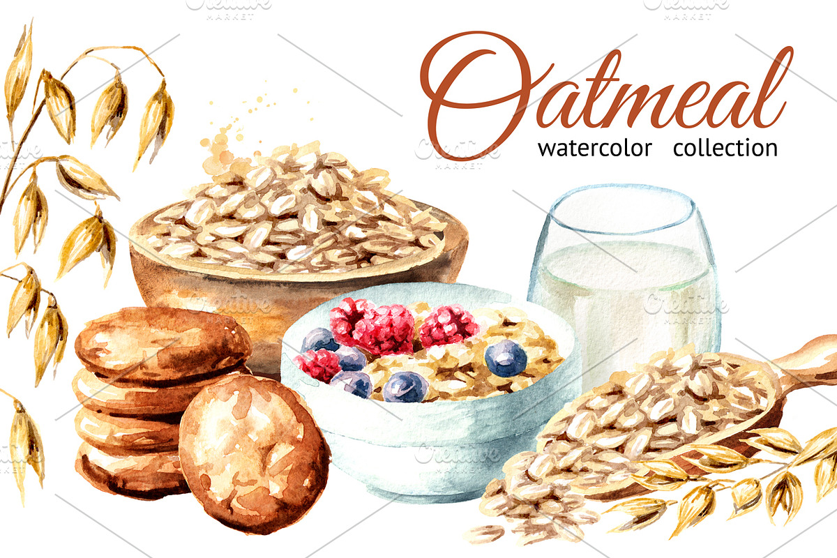Oatmeal. Watercolor collection in Illustrations - product preview 8