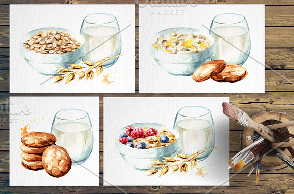 Oatmeal. Watercolor collection in Illustrations - product preview 2