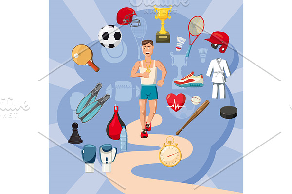 Sportsman items concept, cartoon